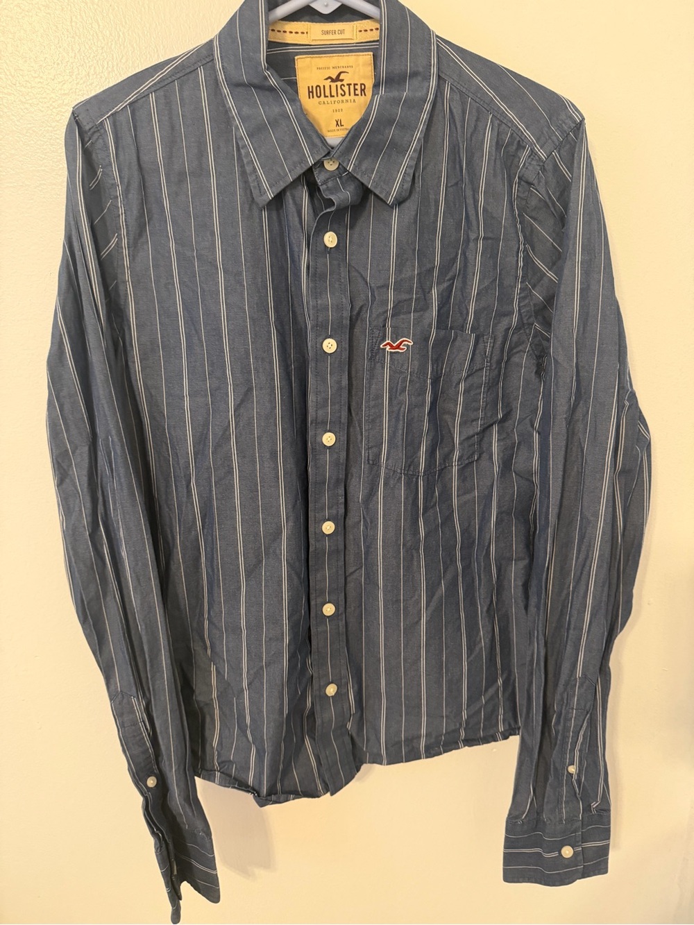 Hollister Men's Navy and White Vertical Stripe Button-Down Shirt
